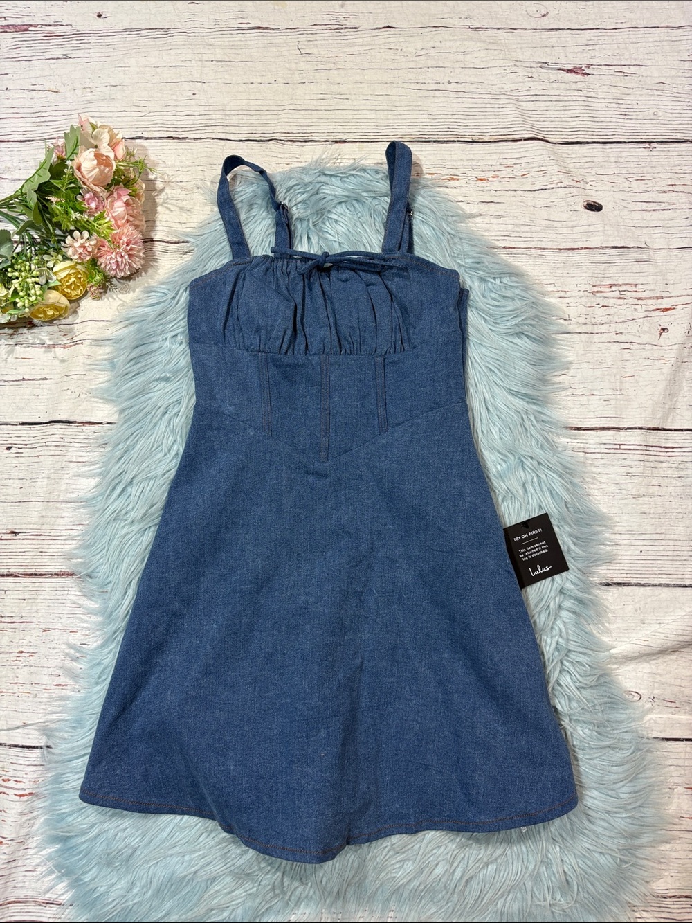 NWT Lulus Considered Charisma Blue Chambray Bustier Mini Dress - Picture 2 of 7